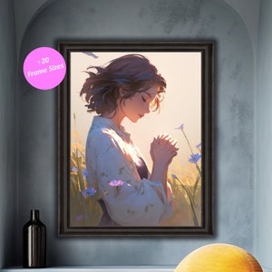 Tranquil Woman in Field of Flowers Art Print - Serene Landscape Illustration, Digital Download