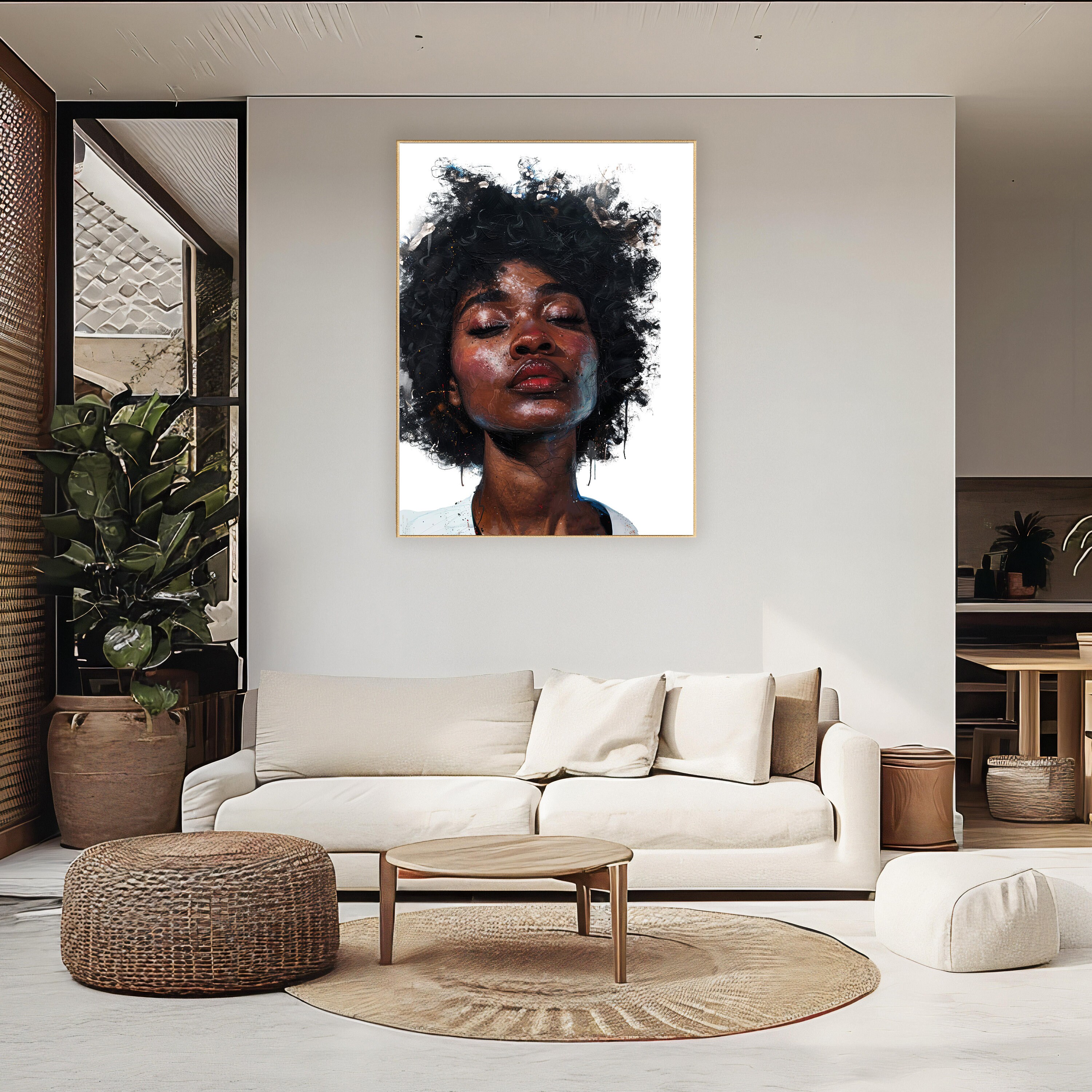 シルクスクリーン アート 女性ポートレート 黒人女性のポートレートプリント：ボヘミアン抽象ウォールアート