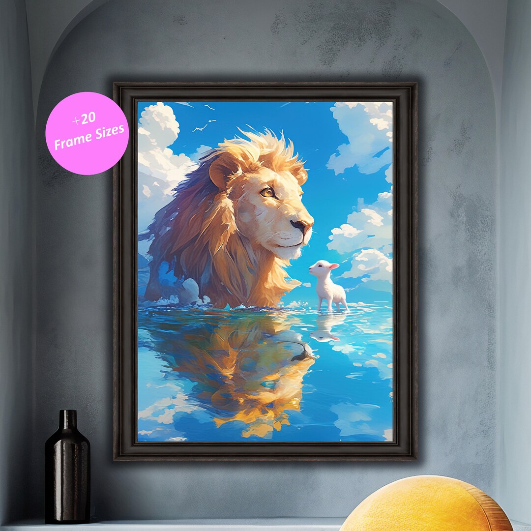 Lion and Lamb Art Print: Serene Water Reflection (digital Download