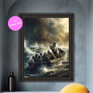Pode incluir: Uma pintura que retrata Jesus acalmando uma tempestade no mar. A pintura mostra Jesus de pé em um barco com seus discípulos, com um mar tempestuoso atrás deles. A pintura é feita em um estilo realista e apresenta uma iluminação dramática.