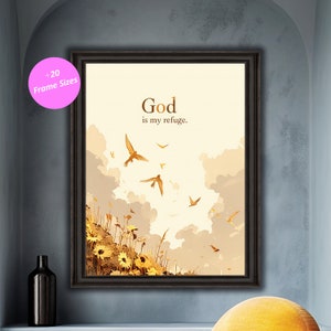 Dio è il mio rifugio, stampa artistica con uccelli e natura, decorazione cristiana ispiratrice, download digitale basato sulla fede, poster per la casa