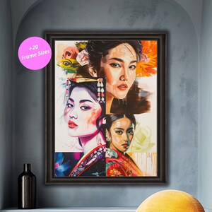 3 Asian Woman Portrait, Japanese Art Digital Paper Pack, Oriental Ladies Illustrations for Living Room Decor