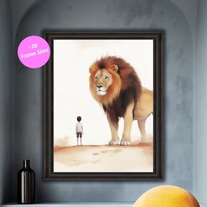 Arte de pared de león y niño Arte de pared de niño y león Póster de El león y el niño Decoración infantil moderna cristiana Arte de pared bíblico Arte de versículos bíblicos