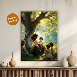 Jesus and Children Wall Decor Jesus Teaching Children Wall Art Christ with children Wall Decal Under Tree Painting For Living Room Decor