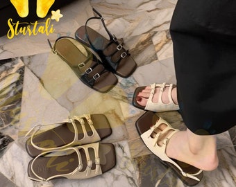 Leren Romeinse sandalen met lage hakken, sandalen met elastische band met open teen, antislip peeszolen, damesschoenen, geschikt voor de zomer