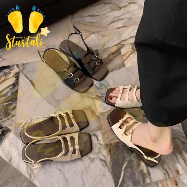 Low-Heeled Leather Roman Sandals, Open-Toe Elastic Strap Sandals, Non-Slip Tendon Soles,  Women's Shoes, Suitable For Summer