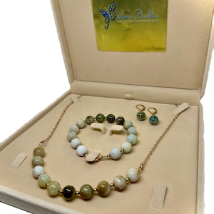 Burmese Jade and 14K Gold Fill Necklace, Bracelet, and Drop Earrings