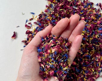 May include: A handful of colorful dried flower petals, including shades of red, blue, yellow, and purple. The petals are held in a person's hand against a white background. The petals appear to be a mix of different flower types.