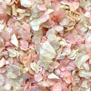 May include: A close-up image of a pile of dried flower petals in shades of pink and cream. The petals are delicate and soft, perfect for wedding or event decor.