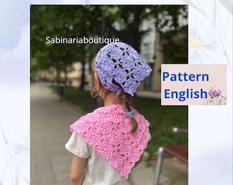 Crochet bandana pattern with flower motifs. Digital PDF in English. Perfect for kids and adults. Easy and beautiful!