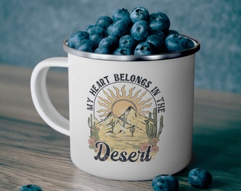 Enamel Camping Mug: 'My Heart Belongs in the Desert' Quote, Rustic Campfire Cup