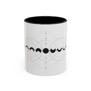 Geometric Moon Phase Mug – Black & White Lunar Coffee Cup, Modern Celestial Witch Gift, Spiritual Kitchen Decor, Moon Ritual Mug