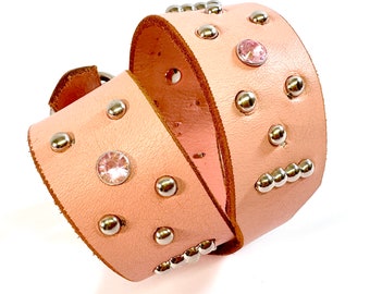 Pink Leather Dog Collar With Crystals and Studs, Size M/L to fit a 15-19in Neck, Medium Dog Collar, EcoFriendly Leather, Glam Girl, OOAK