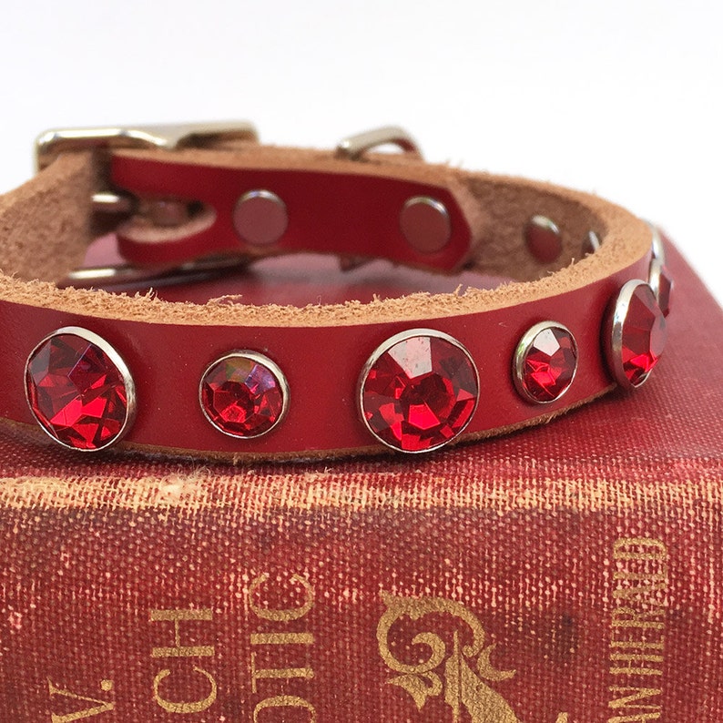 Red Leather Dog Collar with Rhinestones EcoFriendly Size Etsy