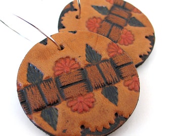 Silver Earrings Hoop, Leather Earring Jewelry, Tooled Leather Disks, Unique, OOAK, Eco Friendly