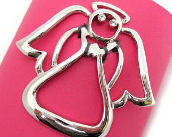 Cuff Bracelet with Silver Angel on Hot Pink Leather, Women, Teen Girl, Funky, Eco Friendly, Reclaimed, OOAK