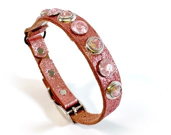 Glitter Pink Leather Cat Collar with Rhinestones, Sparkly EcoChic Bling, Size to fit a 8-10in Neck, Seattle Handmade Collar for Cats, OOAK