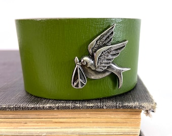 Green Leather Cuff Bracelet with Message of Peace Dove, Unique Wristband, Recycled Belt Leather Bracelet, Unisex, Adjustable Snaps, OOAK