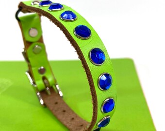 Lime Green Leather Cat Collar with Blue Crystals, Eco-Friendly, to fit a 8-10 Neck, Reclaimed Leather, Made in Seattle, OOAK