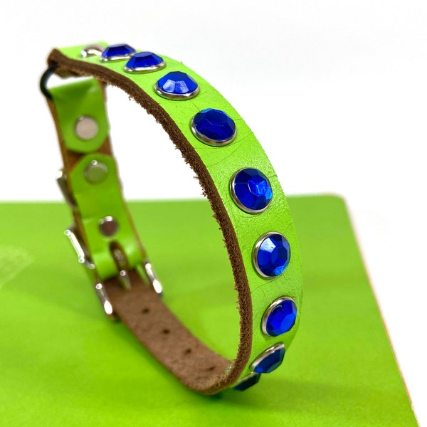 Lime Green Leather Cat Collar with Blue Crystals, Eco-Friendly, to fit a 8-10 Neck, Reclaimed Leather, Made in Seattle, OOAK