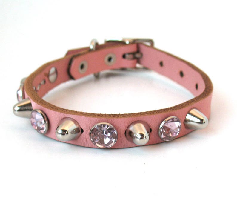 EcoLeather Small Dog Collar Tough Girl Pale Pink Leather with Spikes and Sparkles Size XS Reclaimed Leather USA Seattle Handmade image 2