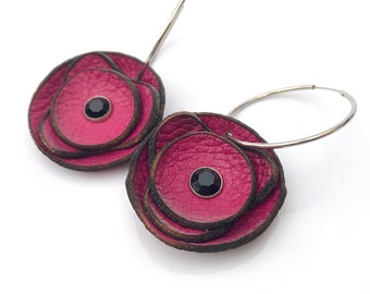 Pink Flower Leather Earrings with Black Gem Centers, Women, Teen Girl, Eco Friendly, Unique Jewelry, Seattle Handmade, OOAK