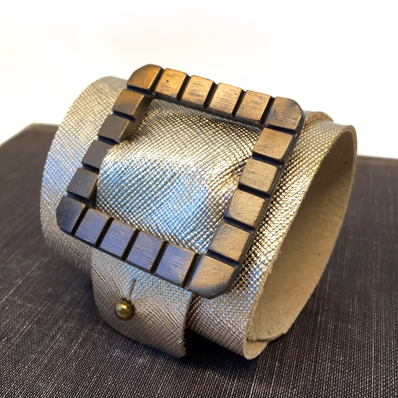 Metallic Gold Leather Wrap Cuff Bracelet with Vintage Buckle, EcoFriendly Reclaimed Leather, Adjustable, OOAK, Made in Seattle USA image 1