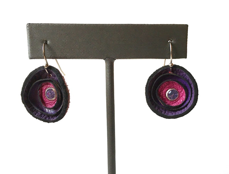 Petite Purple Poppy Flower Leather Earrings, Women, Teen Girl, Eco-Friendly Reclaimed Leather Dangle Drop Earrings, Unique, OOAK image 3