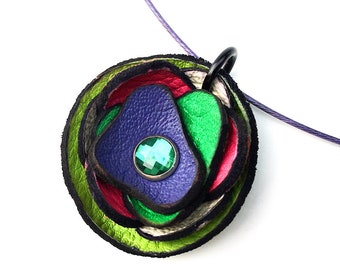 Colorful Leather Flower Wire Necklace Eco Friendly Handmade in Seattle by Greenbelts OOAK