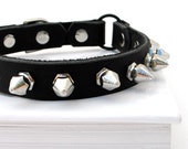 Leather Cat Collar, Tough Kitty Little Spikes, Size XS, EcoFriendly, Biker Style, Black Leather, Punk, OOAK