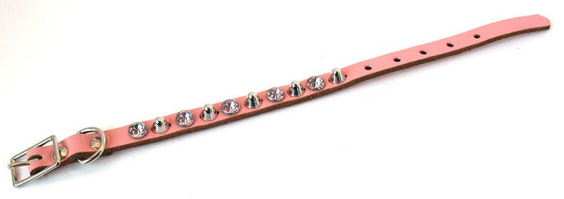 EcoLeather Small Dog Collar Tough Girl Pale Pink Leather with Spikes and Sparkles Size XS Reclaimed Leather USA Seattle Handmade image 4