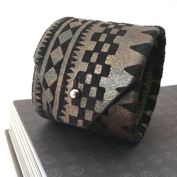 Suede Leather Cuff Bracelet Wristband Black & Metallic Geometric Printed Pattern, Adjustable Size, Minimal Style, Armband, Seattle Handmade