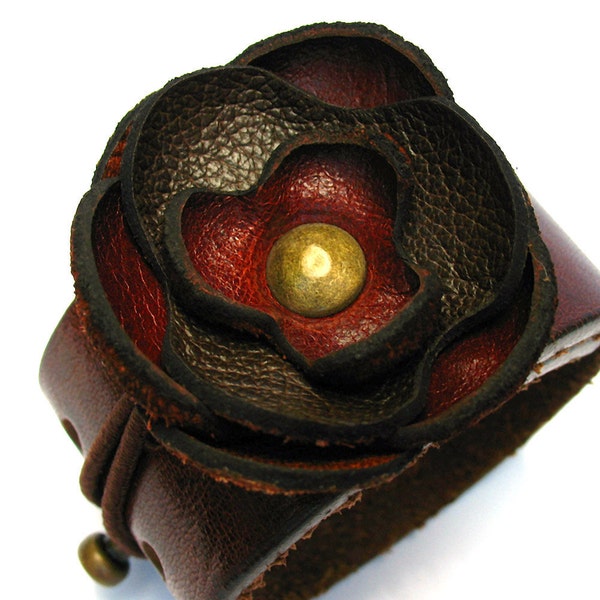 Leather Cuff Bracelet with Burnt Chocolate Brown Flower, Eco-Friendly, Women, Teen Girl, Corsage, Small - OOAK
