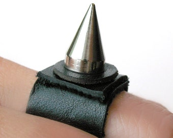 Black Leather Ring with Single Wicked Spike, Eco-Friendly Leather Ring, Made in Seattle WA USA, Punk, Minimal Jewelry, Unisex
