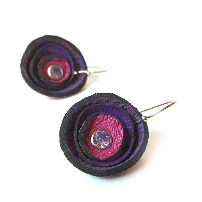 Petite Purple Poppy Flower Leather Earrings, Women, Teen Girl, Eco-Friendly Reclaimed Leather Dangle Drop Earrings, Unique, OOAK image 2