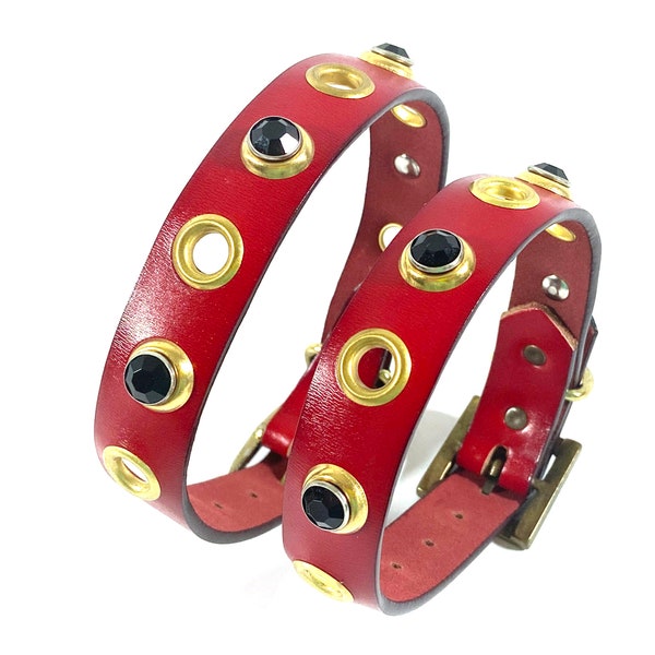 Collier de chien en cuir, petit chien, collier fantaisie, ceinture rouge brillant récupérée écologique fabriquée à la main à Seattle aux États-Unis