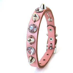 EcoLeather Small Dog Collar Tough Girl Pale Pink Leather with Spikes and Sparkles Size XS Reclaimed Leather USA Seattle Handmade image 1