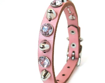 EcoLeather Small Dog Collar - Tough Girl Pale Pink Leather with Spikes and Sparkles - Size XS - Reclaimed Leather - USA Seattle Handmade