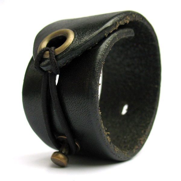 Leather Cuff Bracelet with Antique Brass Metal Hardware and Adjustable Elastic Closure, Eco-friendly, Unisex, Wristband - OOAK