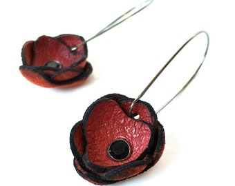 Petite Red Poppy Flower Leather Earrings, Women, Teen Girl, Eco-Friendly Reclaimed Leather Dangle Drop Earrings, Unique, OOAK