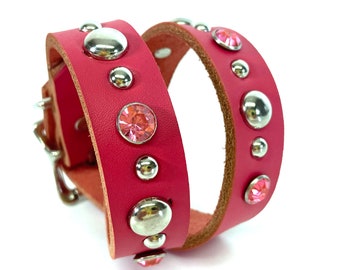 Large Dog Hot Pink Leather Collar with Crystals and Silver Studs, Size M/L, to fit a 15-18 Neck, Medium Dog Collar, Seattle Handmade USA