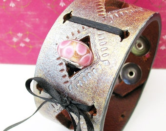 Unique Leather Cuff Bracelet with Pink Sterling Silver Ohm Bead, Adjustable Size, Eco Friendly Recycled Belt Band, OOAK