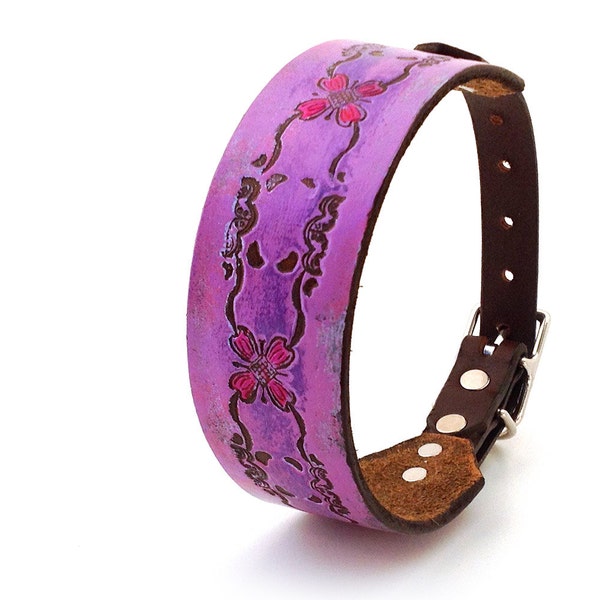 Rustic Pink Leather Dog Collar, Small Dog Collar, Leather Collar Dog with Flowers, Size S/M to fit a 13-16 Neck, Handmade from Seattle