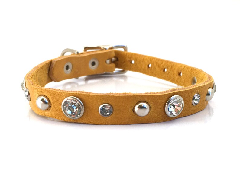 Mustard Yellow Leather Dog Collar with Rhinestones & Studs Etsy