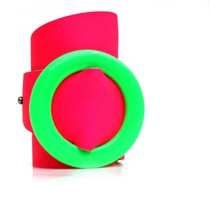 Neon Pink Leather Wrap Cuff Bracelet with Vintage Green Buckle, EcoFriendly, Adjustable, Contrasting Colors, Made in USA, OOAK