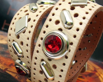 Leather Dog Collar Pierced Cream Red Gems Silver Studs, Size M/L, to Fit a 14-18 Neck, Reclaimed Belt, Handmade in Seattle USA, OOAK