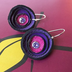 Petite Purple Poppy Flower Leather Earrings, Women, Teen Girl, Eco-Friendly Reclaimed Leather Dangle Drop Earrings, Unique, OOAK image 1