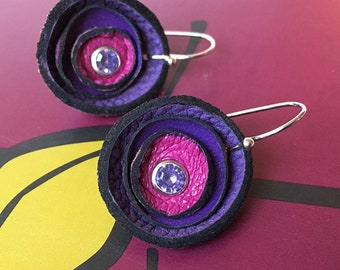 Petite Purple Poppy Flower Leather Earrings, Women, Teen Girl, Eco-Friendly Reclaimed Leather Dangle Drop Earrings, Unique, OOAK