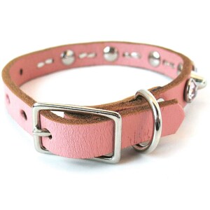 EcoLeather Small Dog Collar Tough Girl Pale Pink Leather with Spikes and Sparkles Size XS Reclaimed Leather USA Seattle Handmade image 3