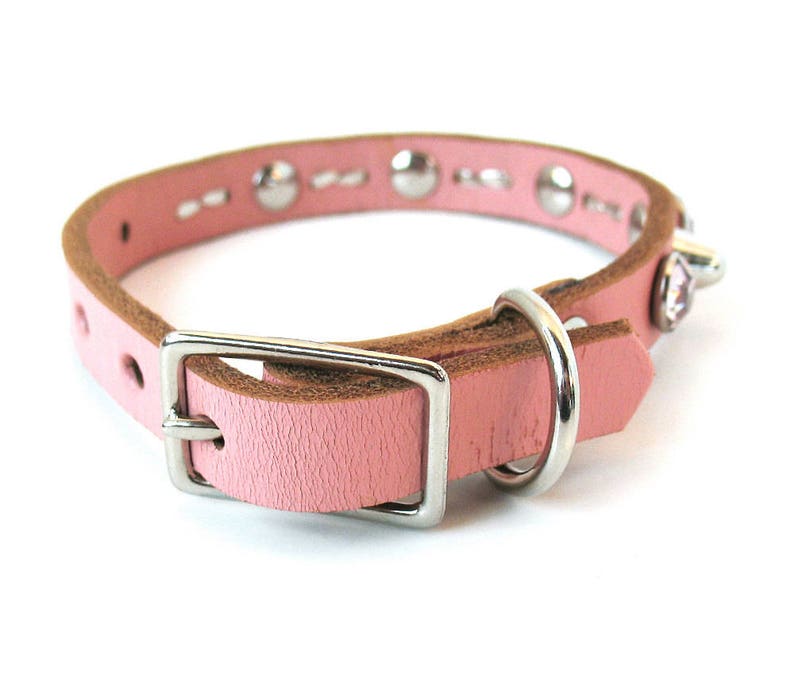 EcoLeather Small Dog Collar Tough Girl Pale Pink Leather with Spikes and Sparkles Size XS Reclaimed Leather USA Seattle Handmade image 3